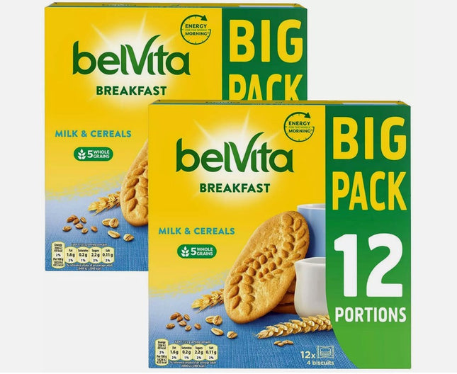 BelVita Breakfast Milk & Cereals Wholegrain Biscuits Bars - Pack of 2 x 12 x 45g