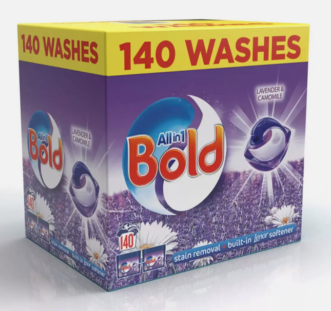 Bold All-in-1 PODS Washing Liquid Laundry Detergent Capsules, 140 Washes, 3.72 Kg Power Pack, Stain Remover For Clothes, Lavender and Camomile Scent