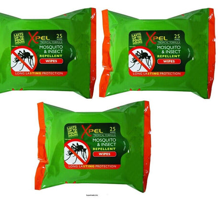 x3 XPEL Mosquito & Insect Repellent Wipes Long Lasting Protection - 25 Wipes