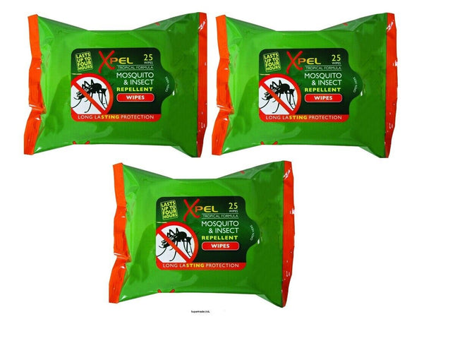 x3 XPEL Mosquito & Insect Repellent Wipes Long Lasting Protection - 25 Wipes