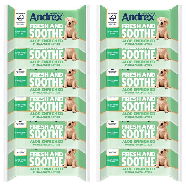 x12 Andrex Fresh & Soothe Aloe Enriched Hygine 36 Wipes